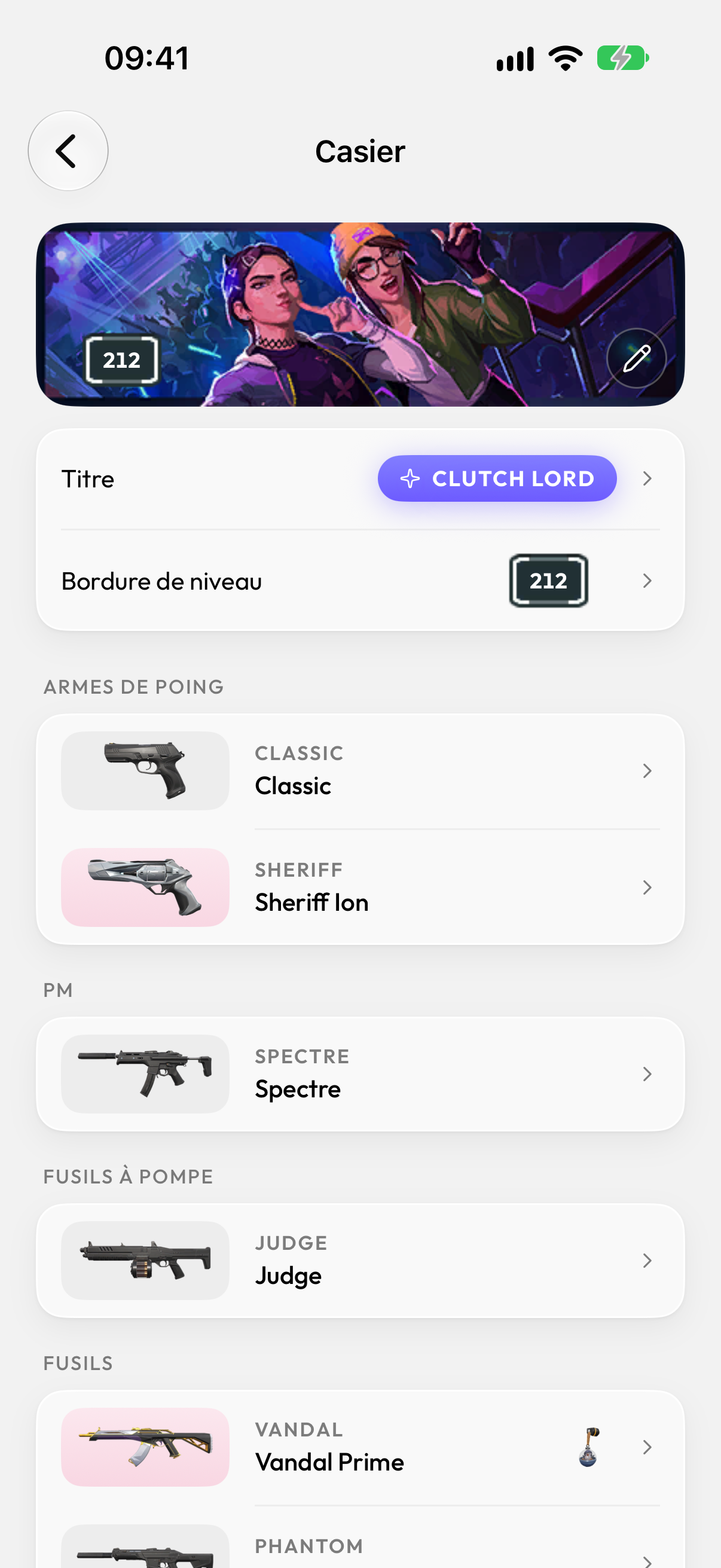 Le casier : les skins équipés.